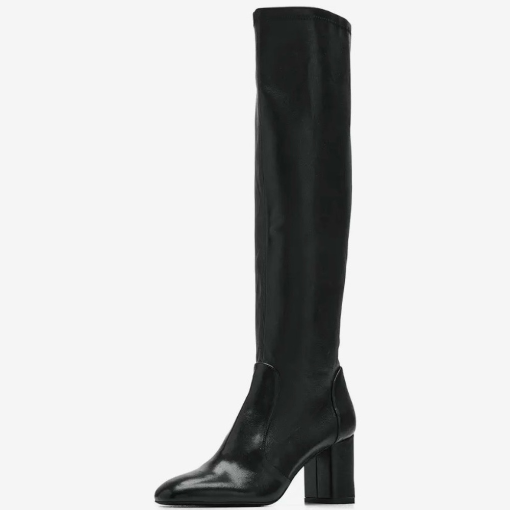 Stuart Weitzman Black Leather Knee-High Block-Heel Boots